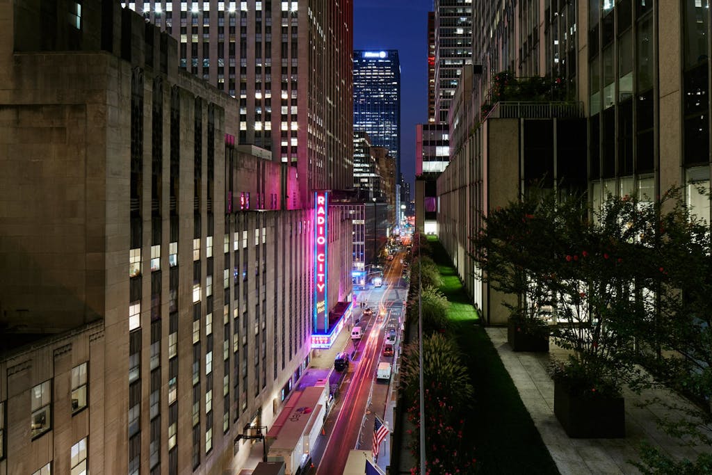 Radio City Music Hall views from Club Quarters Hotel, opposite Rockefeller Center