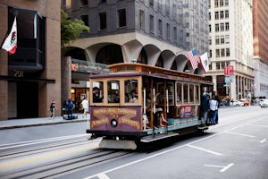Tram on tramlines in a San Fransisco street