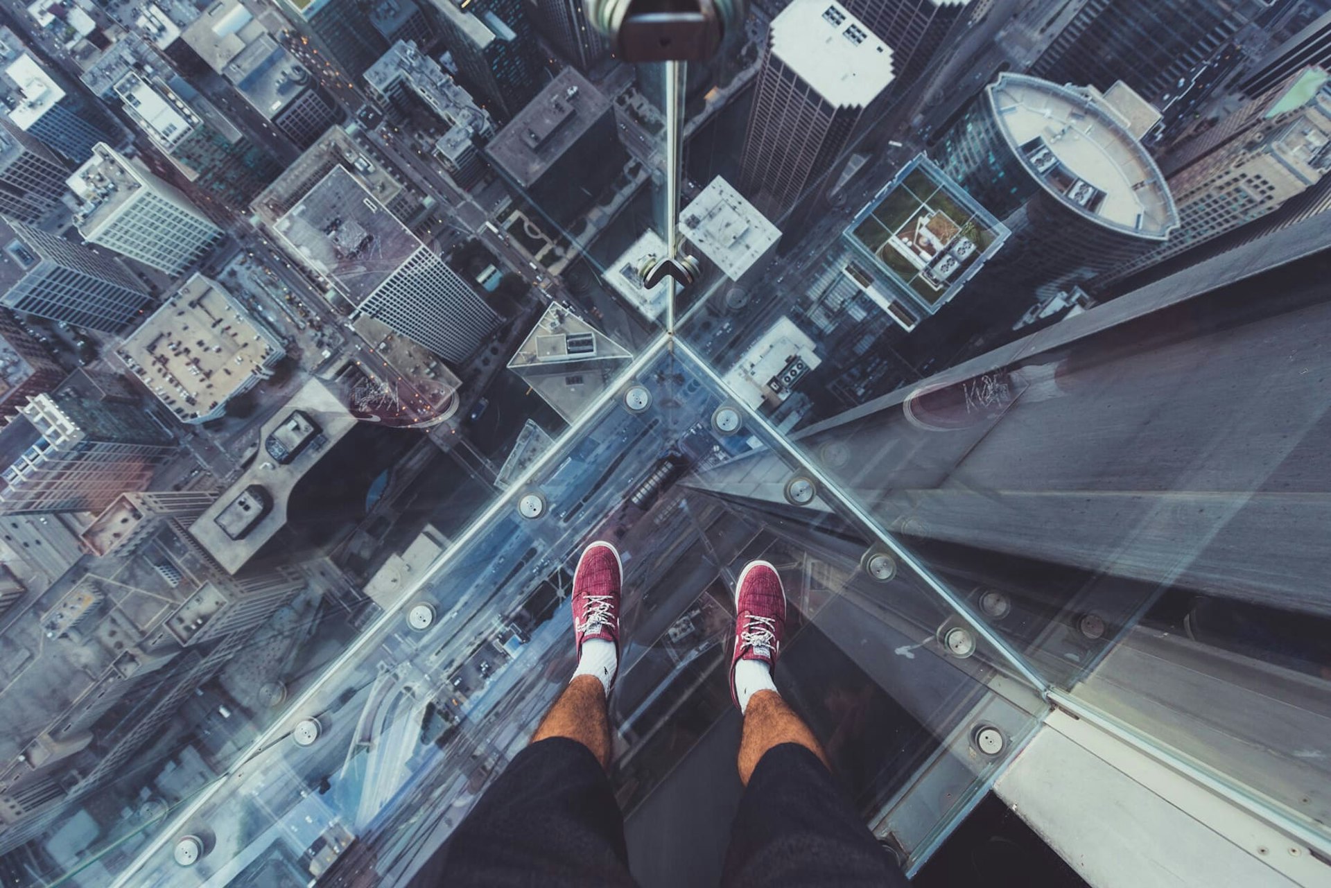 Looking down from SkyDeck of Willis Tower, Chicago
