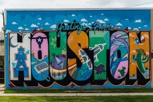 Wall mural reading 'Greetings From Houston' in Houston, Texas